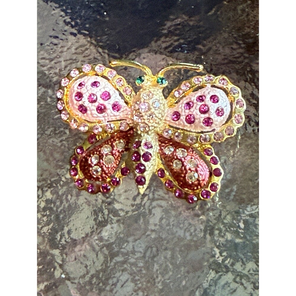 Gold Tone Vintage Butterfly Green Eyes Pink Purple White Green Stones